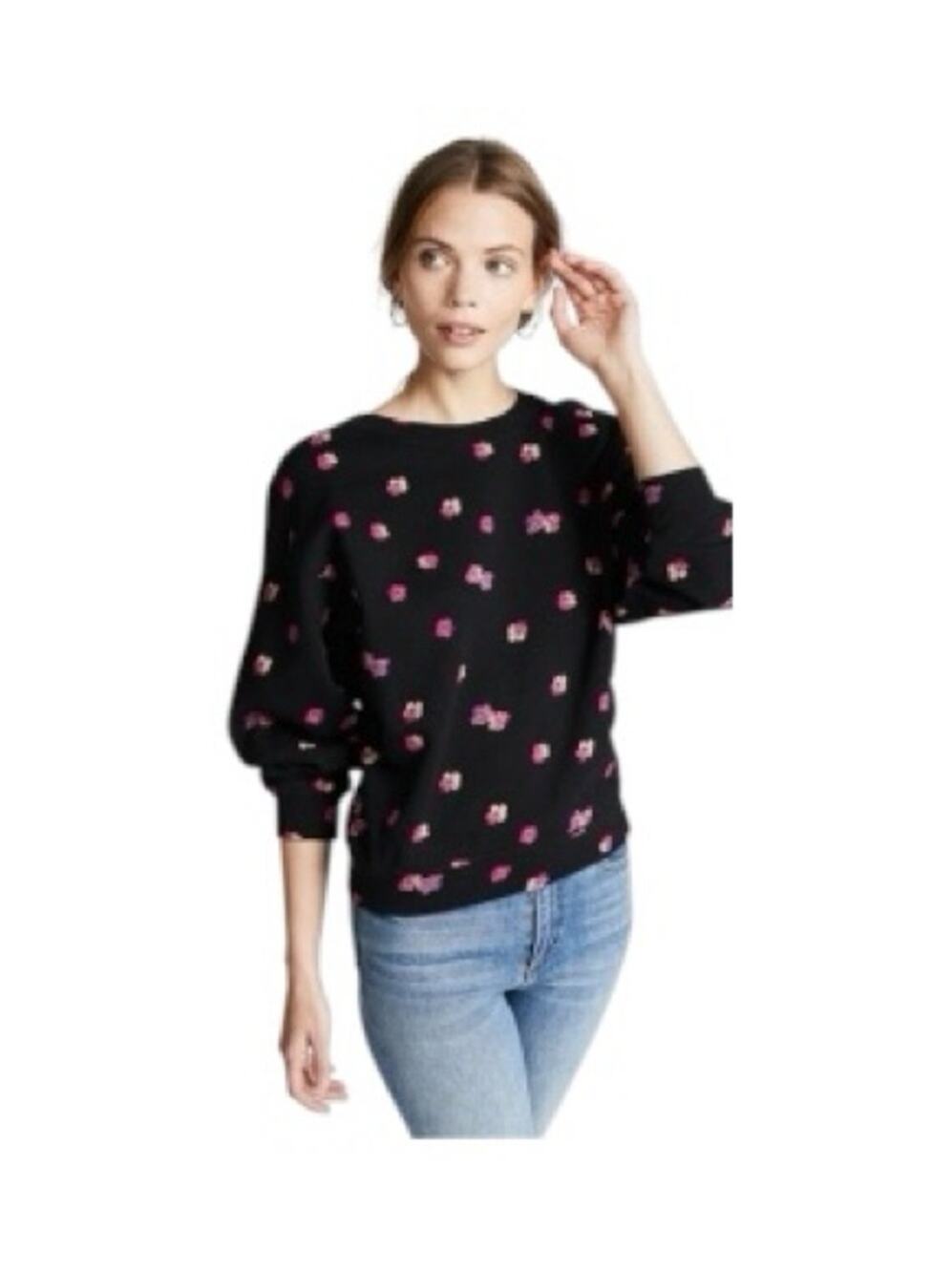 Rebecca Taylor Floriana Black & Pink Floral Crewneck Sweatshirt Cotton Small